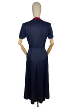 Load image into Gallery viewer, Original 1940&#39;s Classic Navy Blue Day Dress with Button Front and Red Velvet Trim - Bust 35 36 *
