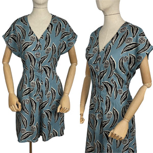 Vintage Blue, Black and White Rayon Button Front Playsuit with Pockets and Back Tie Belt - Bust 40