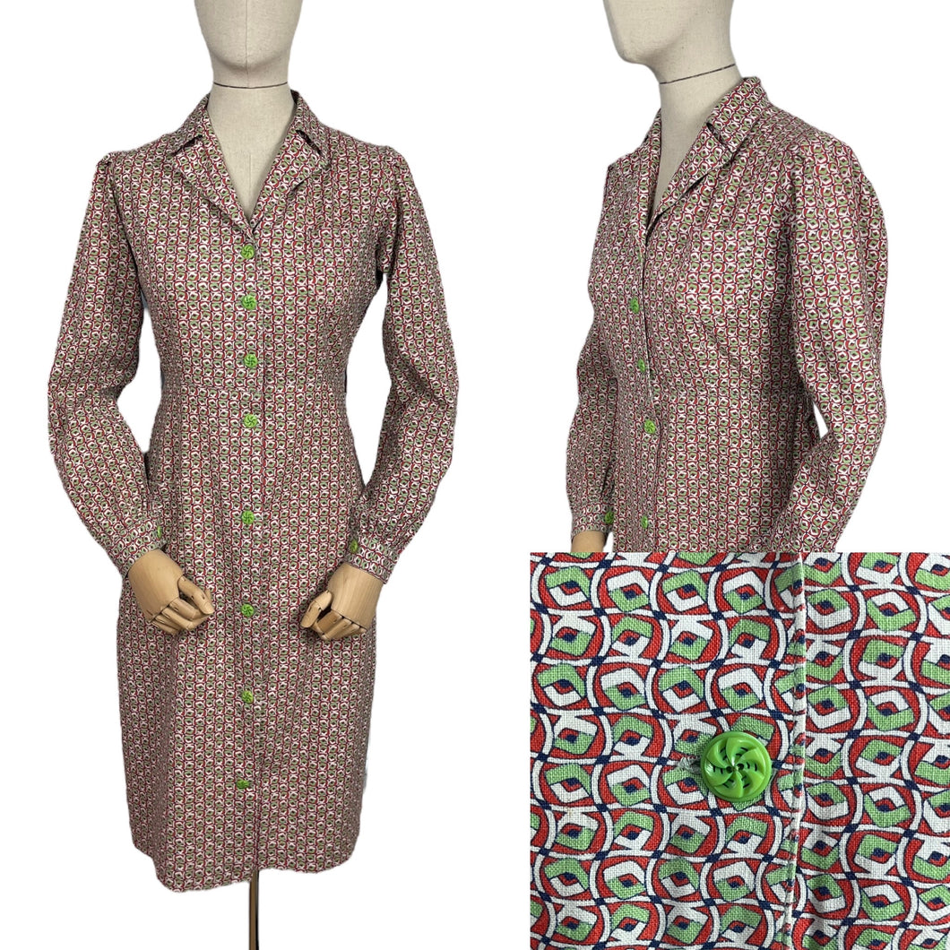 Original 1940's Thick Cotton CC41 Chore Dress in Green, Red and White - Bust 38