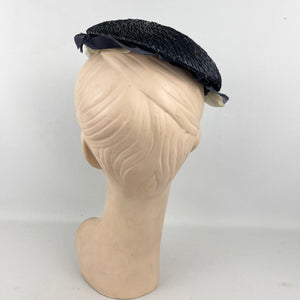 Original 1940’s Navy Blue Straw Topper Hat with White and Blue Ruffle Trim