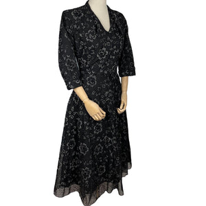 Original 1950's Volup Cocktail Dress in Black Net With Flower Print by Philip Kunick - Bust 42 44