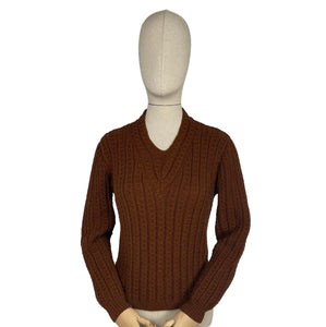 Reproduction Hand Knitted Jumper in Warm Brown with Long Sleeves - Bust 36 38