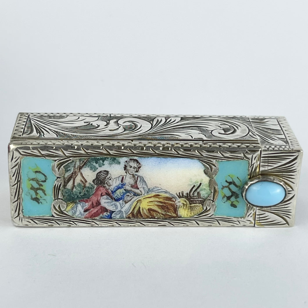 Vintage Engraved Italian Made Silver Lipstick Case with Enamel