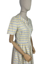 Load image into Gallery viewer, Original 1950&#39;s Thick Cotton Zip Front Dress in White, Yellow and Blue Stripe - Bust 36
