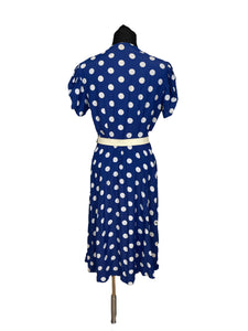 Original 1940's Blue and White Polka Dot Belted Dress and Matching Shorts and Top Playsuit - Bust 34 *