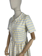 Load image into Gallery viewer, Original 1950&#39;s Thick Cotton Zip Front Dress in White, Yellow and Blue Stripe - Bust 36
