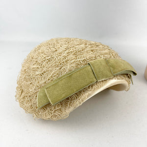 Original 1950’s Hat in Cream with Satin Edging and Soft Green Velvet Bow Trim *