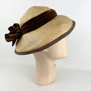 Original 1950's Natural Straw Hat with Dark Chocolate Brown Velvet Ribbon and Bow Trim - AS IS *