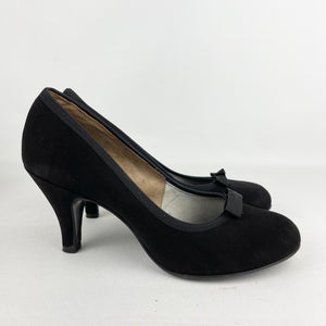 Original 1940's 1950's Deadstock Black Suede Court Shoes with Bow Detail  - UK 5