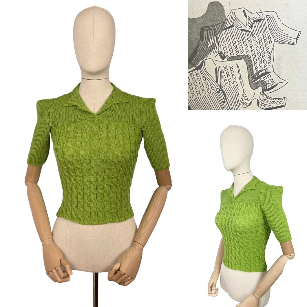 1940's Reproduction Twisted Cable and Rib Jumper in Primavera Green Pure Wool - Bust 32 33 34