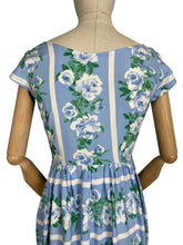 Load image into Gallery viewer, Original 1950&#39;s Floppy Cotton Day Dress in Blue and White Roses Stripe - Bust 34 35
