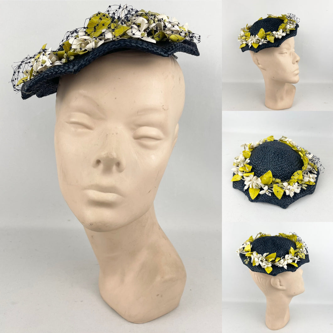 Original 1950’s Lacquered Raffia Hat with Flower Trim and Net in Navy, White and Yellow