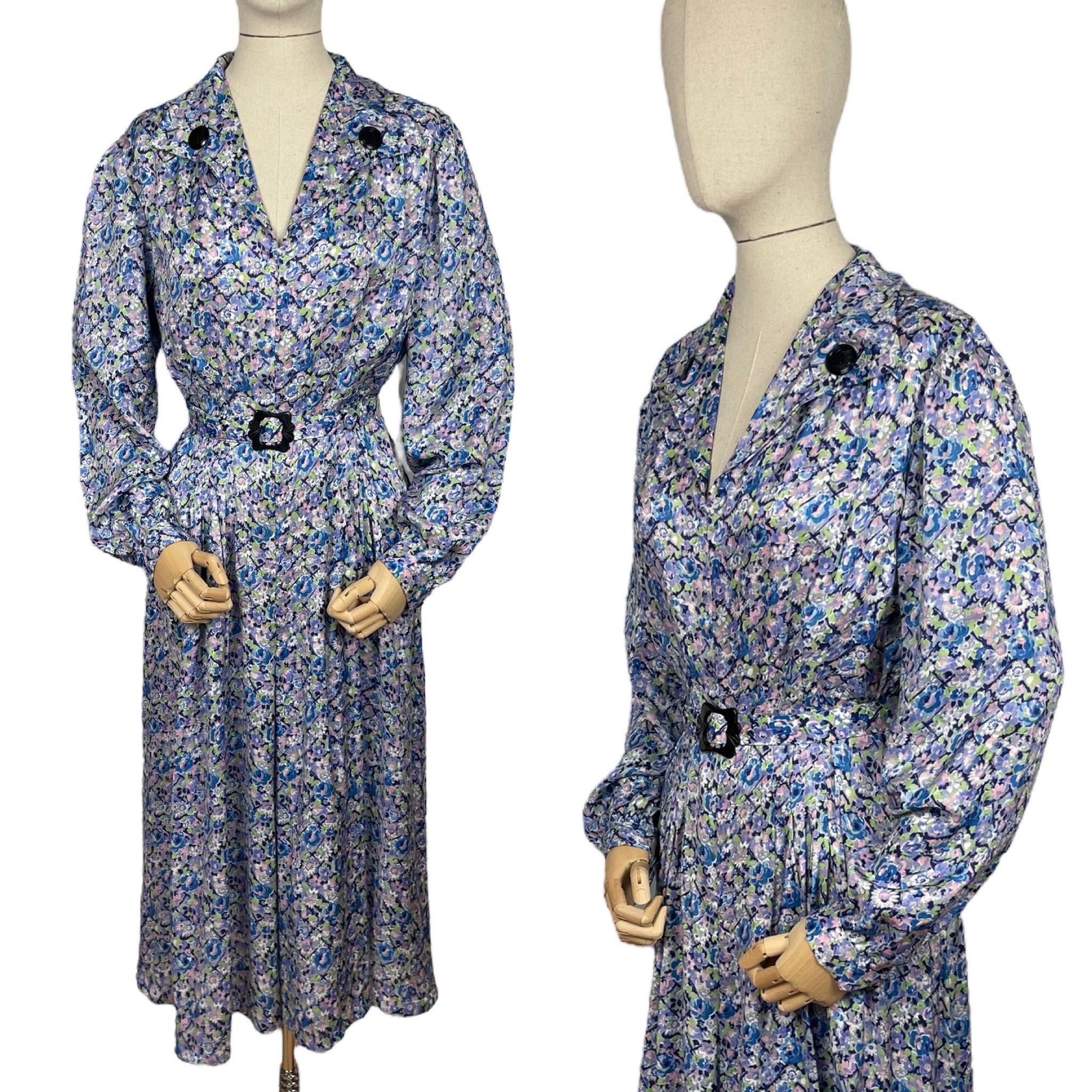 Reproduction 1940's Belted Day Dress Made from 1940's French Floral Rayon  Fabric - Bust 40 *