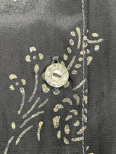 Load image into Gallery viewer, Original 1950’s Black Artificial Silk Blouse with Silver and Gold Glitter Floral Print and Glass Buttons - Bust 36 *
