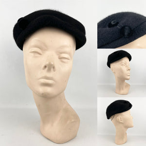 Original 1950's Black Fur Felt Hat with Double Button Trim - Timeless Piece