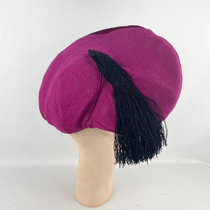 Original Huge 1940's Cerise Pink Seamed Fabric Hat with Black Tassel Trim