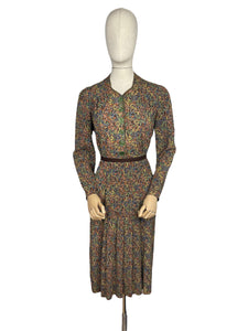 Original 1930’s Brown Crepe Long Sleeved Dress with Pretty Print in Blue, Rust, Green and Yellow - Bust 36 38