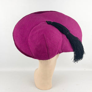 Original Huge 1940's Cerise Pink Seamed Fabric Hat with Black Tassel Trim