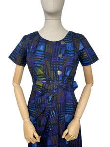 Original 1960’s Cotton Day Dress in Blue with Abstract Print - Bust 36 38