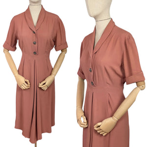 Original Late 1940's or Early 1950's Salmon Pink Day Dress with Glass Buttons - Bust 38 40