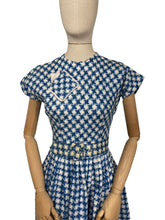 Load image into Gallery viewer, Original 1950&#39;s Blue and White Houndstooth Print Belted Peggy Petite by Peggy Page Dress - Bust 34 *
