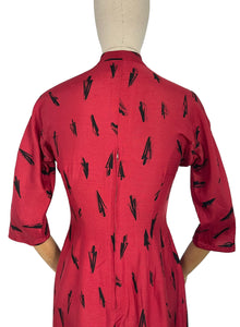 Original 1950's Red and Black Novelty Print Arrow Head Wiggle Dress by Linzi Line in Liberty of London Silk - Bust 34
