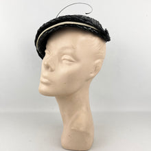 Load image into Gallery viewer, Original 1930&#39;s Black and White Lacquered Raffia Hat with Feather Trim
