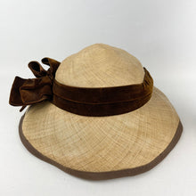 Load image into Gallery viewer, Original 1950&#39;s Natural Straw Hat with Dark Chocolate Brown Velvet Ribbon and Bow Trim - AS IS *
