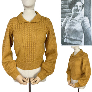 1930's Reproduction Hand Knitted Long Sleeved Cable Jumper in Mustard Using Beautifully Soft Alpaca - Bust 34 36 38