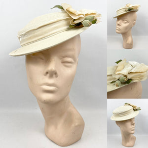 Original 1940’s 1950’s Cream Straw Hat with Velvet Trim and Large Fabric Rose