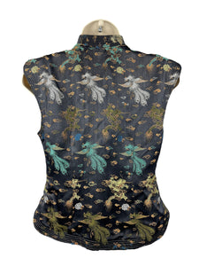 Vintage Inky Black Satin Blouse with Silk Embroidered Chinese Dragons and Phoenixes - Bust 32 34