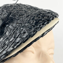 Load image into Gallery viewer, Original 1930&#39;s Black and White Lacquered Raffia Hat with Feather Trim
