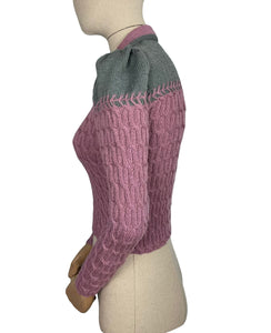 1940's Reproduction Hand Knitted Long Sleeved Cable Jumper with Neat Collar in Mauve Pink and Ginseng Grey - Bust 34