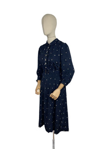 Original 1930's Navy Silk Belted Day Dress with Cream Polka Dots - Bust 36 38