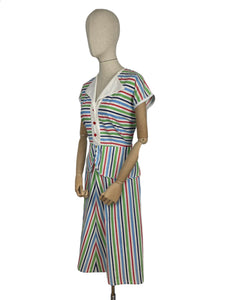 Original 1940's Lightweight Summer Dress in Stripes of Blue, Red and Green on White - Bust 38 40
