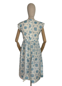 Original 1950's White and Blue Nylon Day Dress with Pretty Roses Print - Bust 34 36