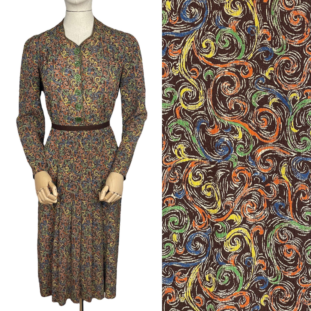 Original 1930’s Brown Crepe Long Sleeved Dress with Pretty Print in Blue, Rust, Green and Yellow - Bust 36 38