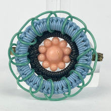 Load image into Gallery viewer, Original 1940&#39;s Pink, Green, Blue and Black Wartime Make Do and Mend Brooch with Flower Button Trim
