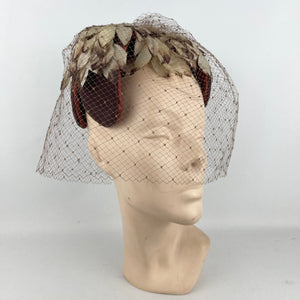 Original 1950's Brown and Cream Floral Half Hat with Veil *