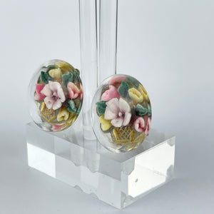 Original 1940's 1950s Reverse Carved Lucite Clip on Earrings with Vases of Flowers