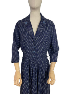 Original 1940's Classic Blue and White Polka Dot Day Dress - Bust 38