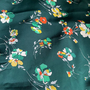 Original 1930's Emerald Green Pure Silk Fabric with Autumnal Floral Print - Dress Length