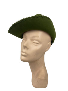 Original 1930's 1940's Green Felt Tilt Hat with Bound Edge and Bow Trim *