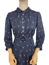 Load image into Gallery viewer, Original 1930&#39;s Navy Silk Belted Day Dress with Cream Polka Dots - Bust 36 38
