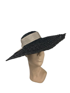 Huge Original 1940's Black Coarse Straw Sunhat with Wide Grosgrain Trim and Bow *