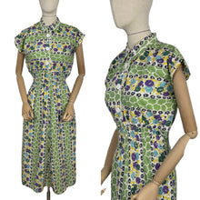 Load image into Gallery viewer, Original 1940&#39;s Green, Purple, Yellow and Blue Cotton Day Dress with Ric-rac Trim - Bust 38
