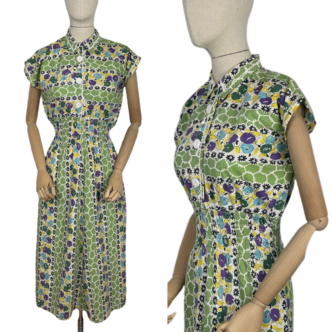 Original 1940's Green, Purple, Yellow and Blue Cotton Day Dress with Ric-rac Trim - Bust 38