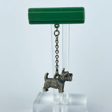 Load image into Gallery viewer, Original 1930&#39;s 1940&#39;s Green Bar Brooch with Grey Scottie Dog Dangle Charm
