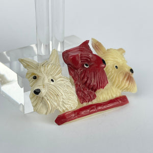 Original 1940's 1950's Trio of Scottie Dogs Brooch in Red, White and Cream