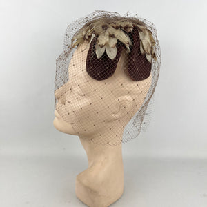 Original 1950's Brown and Cream Floral Half Hat with Veil *